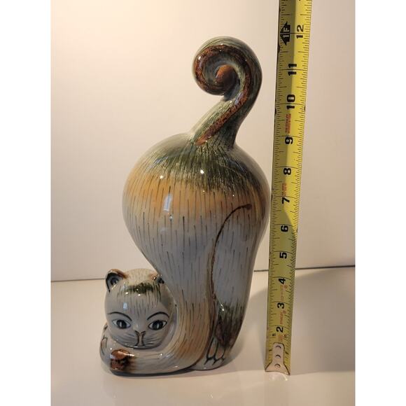Cat Figurine Tonala Mexican Pottery Grayish Green Signed Whimsical Home Decor - Picture 7 of 12